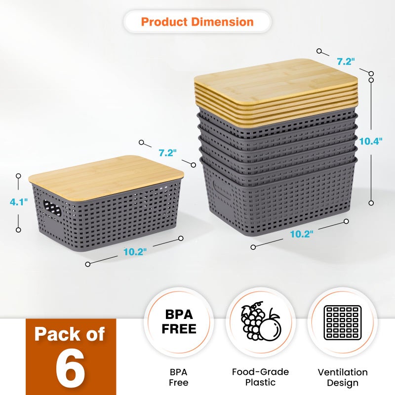Ohmlove Plastic Storage Baskets With Bamboo Lid - Plastic Storage Containers Stackable Storage bins: Storage Baskets for Organizing Shelves Drawers Desktop Closet Playroom Classroom Office  6 Pack  Gray - Image 2